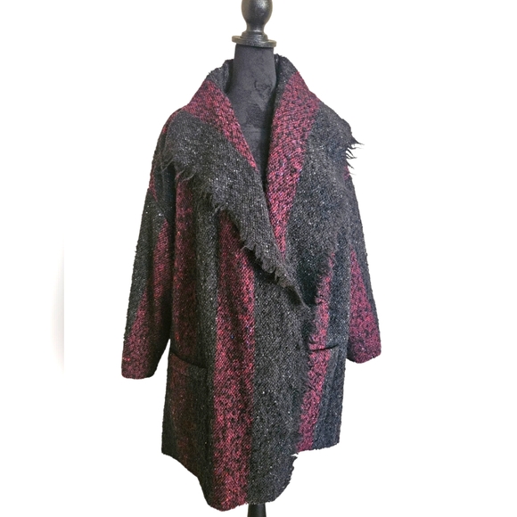 IRO Jackets & Blazers - IRO Beverly Black Burgundy Wool Blend Stripe Open Front Coat Size 8
